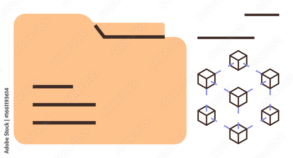 Poster yellow folder linked to interconnected blockchain nodes, showcasing data organization and traceabili