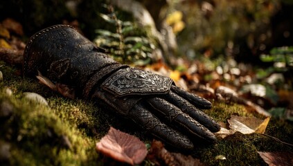 Obraz premium Ornate leather glove resting on mossy forest floor, sunlight