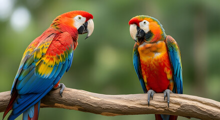 Obraz premium Vibrant Macaws Perched on a Branch, Showcasing Colorful Feathers and Tropical Beauty