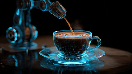 Futuristic coffee robot pours holographic latte art into digital cup, showcasing advanced technology and innovation. glowing blue elements create sci fi atmosphere