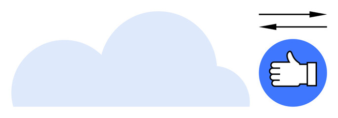 Cloud represents digital storage, arrows indicate data transfer, and thumbs-up symbolizes positive feedback. Ideal for technology, communication, cloud service, feedback system, approval, teamwork
