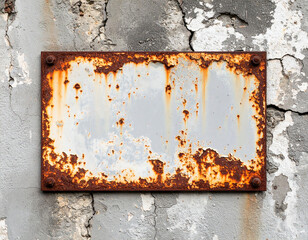 A weathered, rusty metal sign affixed to a cracked, textured concrete wall.
