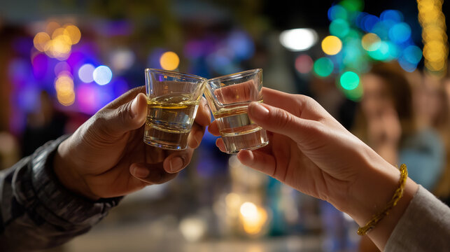 Close-up of hands clinking shot glasses during a dance party - Powered by Adobe