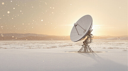 Satellite Dish in Snowy Landscape at Sunset