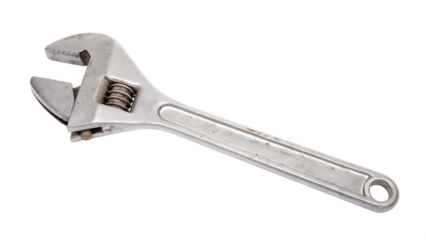 Old metal adjustable wrench tool isolated on a transparent background silver steel