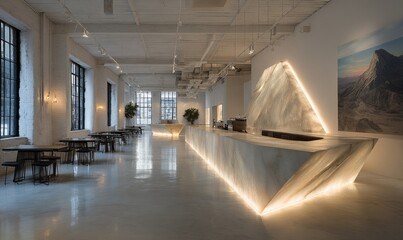 Minimalist cafe with modern design, long marble counter, seating, windows, and artwork