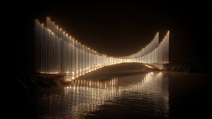 Fototapeta premium Surreal bridge made of piano strings glowing with light creates mesmerizing reflection on water, evoking sense of wonder and tranquility