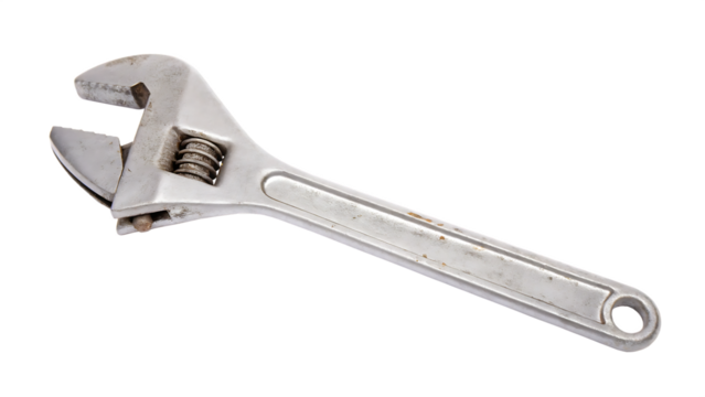 Old metal adjustable wrench tool isolated on a transparent background silver steel