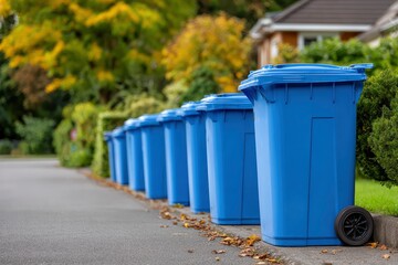 A row of blue trash bins line a street with autumn leaves scattered around