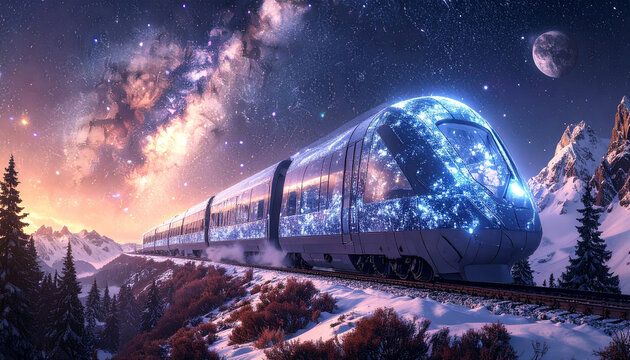 A futuristic train travels through a snowy mountain landscape under a starry night sky, creating a magical and adventurous scene