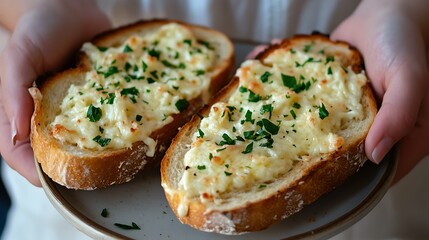 Obraz premium Hands holding toast with garlic cheese spread, cozy kitchen vibe