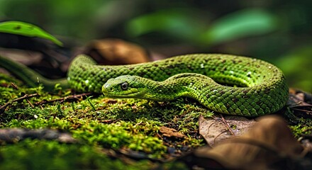 Fototapeta premium Moss Snake Blending Seamlessly into a Forest Floor