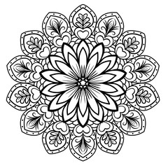 Beautiful mandala floral pattern in black and white line art style, perfect for coloring, meditation art, tattoo designs, home decor and digital download projects.