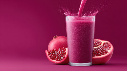 Pomegranate smoothie pouring into glass with fresh pomegranate fruit halves on vibrant pink background, refreshing and healthy drink