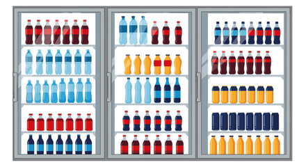 A refrigerated display cooler filled with a wide variety of bottled beverages, including water, soda, and juice, neatly arranged on shelves.