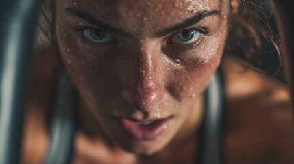 Motivational fitness imagery showing a strong sweaty woman pushing limits on elliptical machine, closeup style