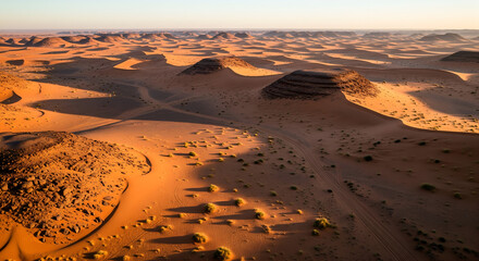 Golden Hour Dunes: Aerial View of Desert Landscape
