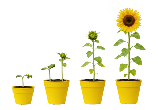 Four potted sunflowers in various stages of growth, from seedling to full bloom, showcasing the life cycle and development of a plant, isolated on white isolated on transparent background