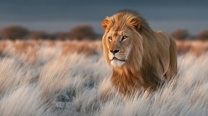 and keyword list

 Lion Strolls Across Grasslands Plains at Dusk, Head Up, Proud, Savanna Habitat.