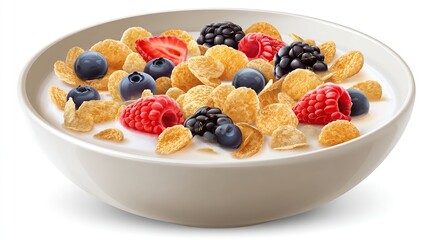 Bowl of cereal with milk, mixed berries and flakes, vibrant and healthy breakfast