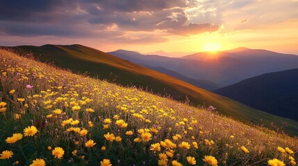 Sunset casting golden hues over rolling hills covered in bright arnica flowers, Carpathian mountain ranges glowing in warm light