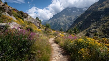 Narrow hiking path bordered by wild grasses and alpine flowers winding gently through quiet valleys beneath towering mountain summits