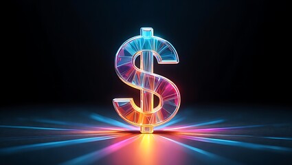 Glowing neon dollar sign illuminates with vibrant colors and light rays on a dark reflective surface symbolizing wealth and financial success
