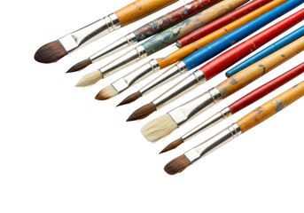 Fototapeta premium A collection of various art paint brushes with wooden handles and metal ferrules, isolated on a transparent background, showcasing different sizes and shapes for artistic creation