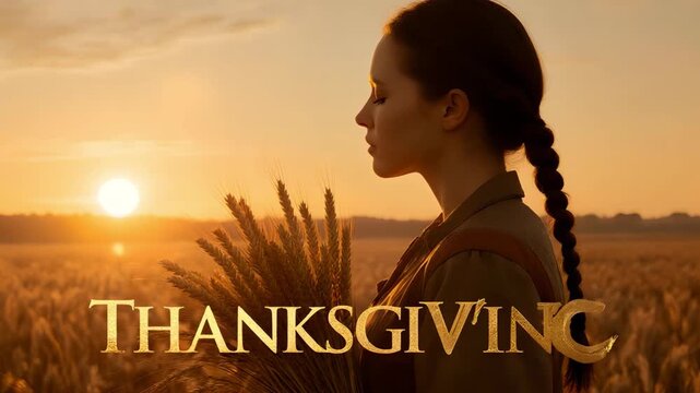 Thanksgiving Woman with Wheat at Sunset
