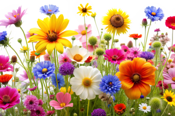 colorful wildflowers in bloom isolated on white background, png, ai generated.