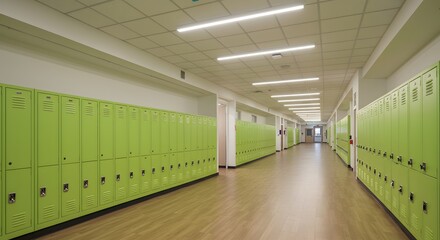 Vibrant and Modern School Hallway with Green Lockers and Efficient Lighting Design
