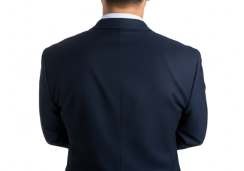 Businessman in a dark suit with arms crossed, viewed from the back, isolated on a transparent background