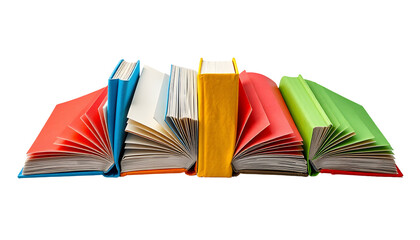 Books in a row with colorful covers, open pages, and transparent background