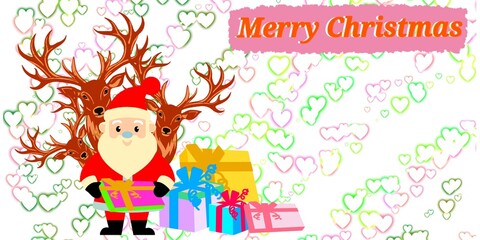 Illustration of a background of a cartoon card of Santa Claus with deer and a Christmas gift box.