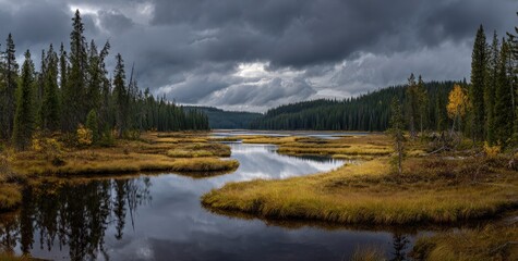 Fototapeta premium Autumnal lake scene under a brooding sky