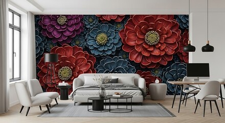 Ai generated image of vibrant floral wallpaper with luxurious texture in a modern living room