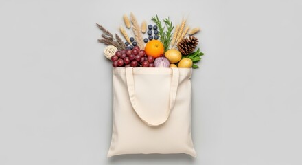 Fresh Autumn Harvest Fruits Vegetables and Grains in Tote Bag