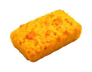 Close-up view of a golden, cheesy bread, isolated on a transparent backdrop.