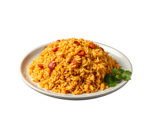 Delicious golden rice pilaf with chili garnish on a white plate