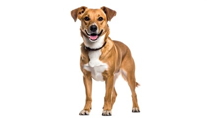 Happy dog standing against white background