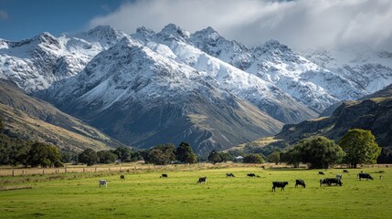 New Zealand pastoral farmland with grazing cows near a clear stream reflecting the surrounding snowy mountain peaks