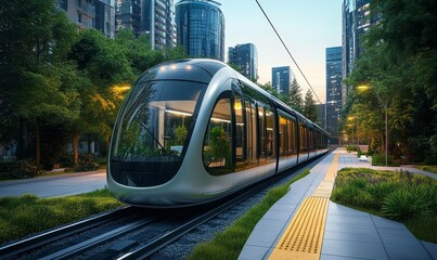 Naklejka premium City railway system concept, emphasizing the transition towards sustainable transportation solutions. The image represents the development of efficient, greener modes of urban, Generative AI