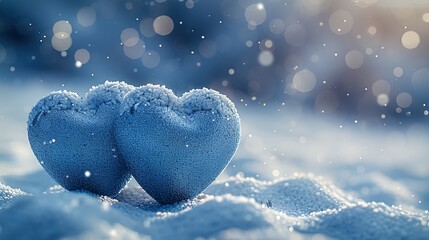 Fototapeta premium Elegant blue holiday background with shimmering white heart bokeh lights, 