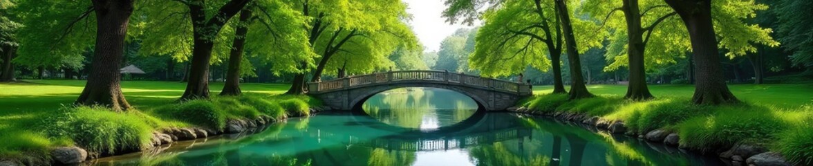 Fototapeta premium A lush green park spans a tranquil waterway, with a charming footbridge arching gracefully over the clear water Perfect for nature, travel, and environmental themes , peaceful, spring