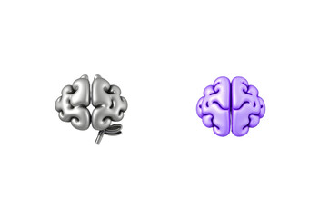 3D Brains Silver and Purple Renderings on Transparent Background