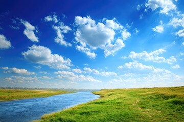 Sunny riverbanks under a vast blue sky