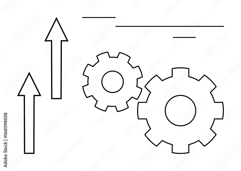 Poster two arrows pointing upward alongside two interlocking gears with linear accents suggesting motion an