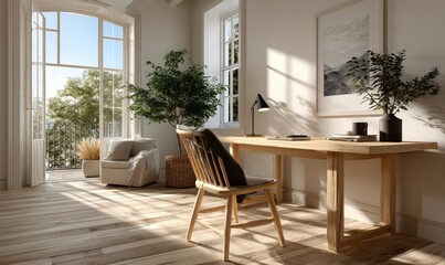 Fototapeta premium Bright, airy home office with a desk, chair, and open doors to a sunny balcony