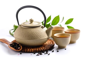 Cast iron teapot and teacups on white background