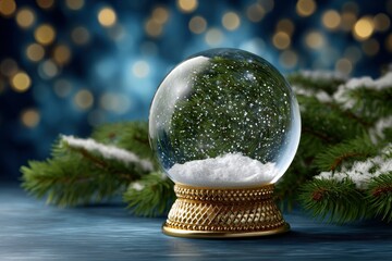 A snow globe with a Christmas tree inside on a wooden surface surrounded by snowcovered pine branches and bokeh lights